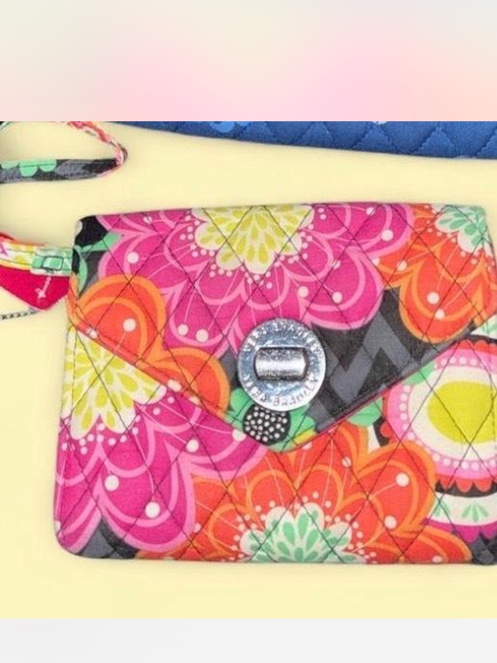 Vera Bradley Pink Orange Green Floral Quilted Wristlet with Silver Turn-Lock